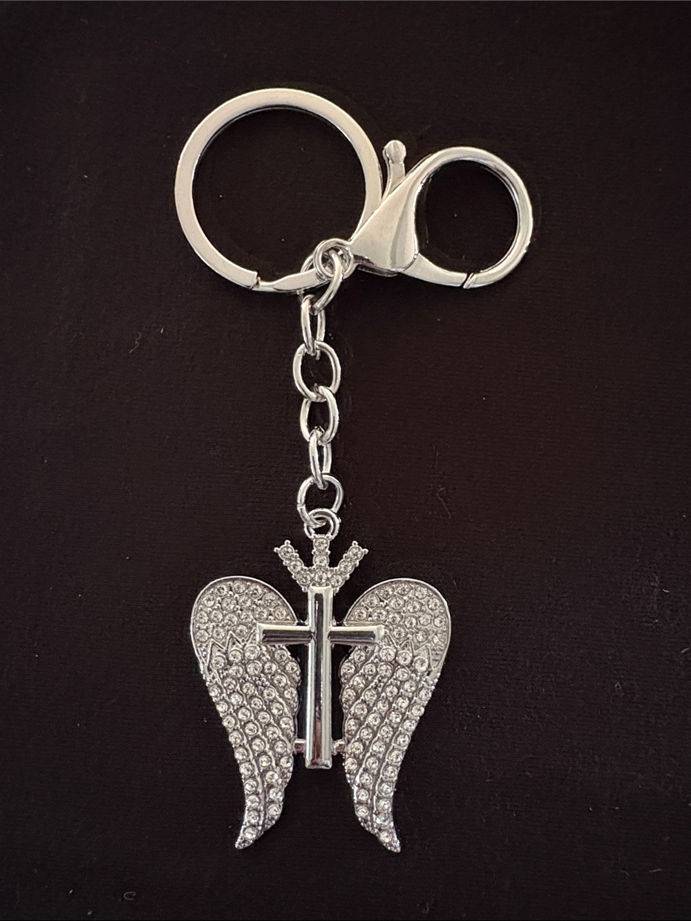 Chloe Accessory Silver Crystal Cross With Wings Keychain